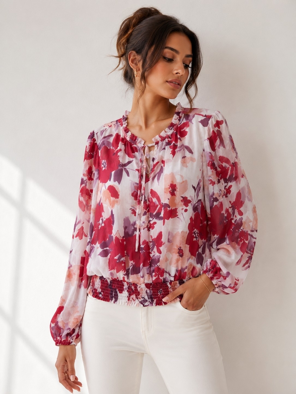 cleo Floral Tie-Neck Smocked Hem Blouse - Pink Red Plum